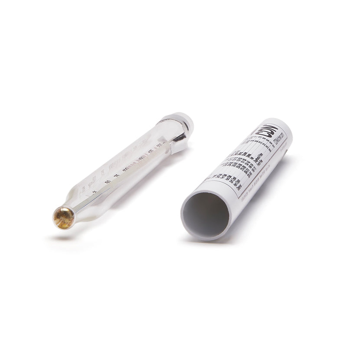 CDN TCF400 glass candy and deep fry thermometer lying flat next to its cylindrical protective storage sheath