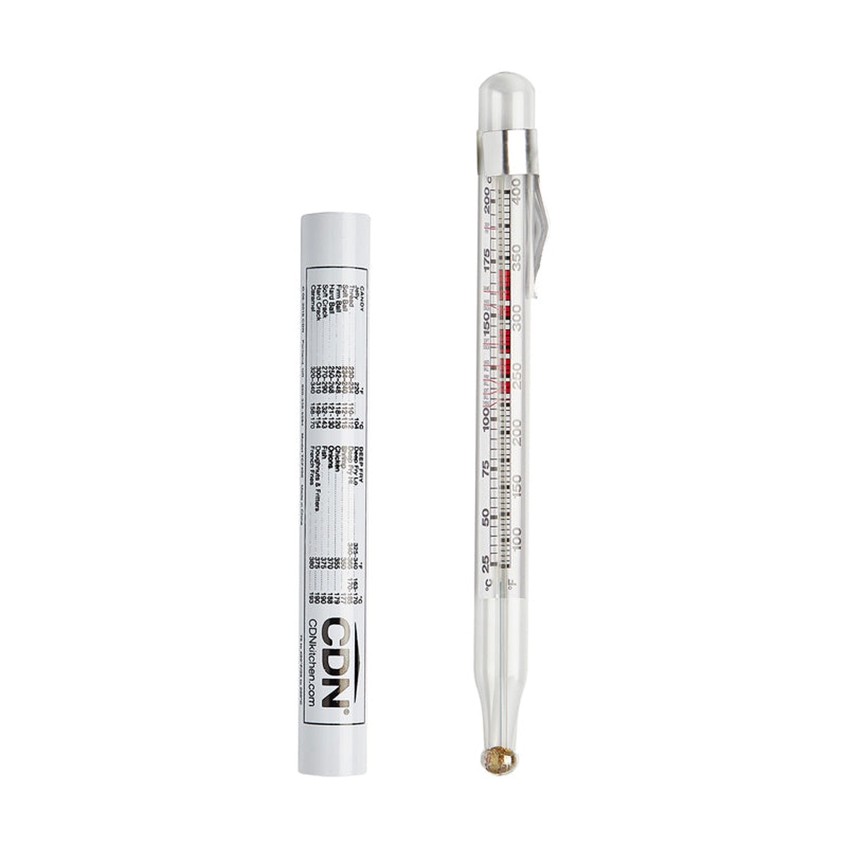 CDN TCF400 thermometer standing upright showing dual Fahrenheit and Celsius scale alongside its protective storage tube with candy and deep fry stage guide