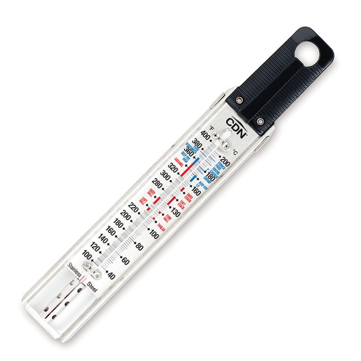 CDN TCG400 candy and deep fry ruler thermometer angled view showing color-coded scale, stainless steel housing, and black plastic handle with hang hole