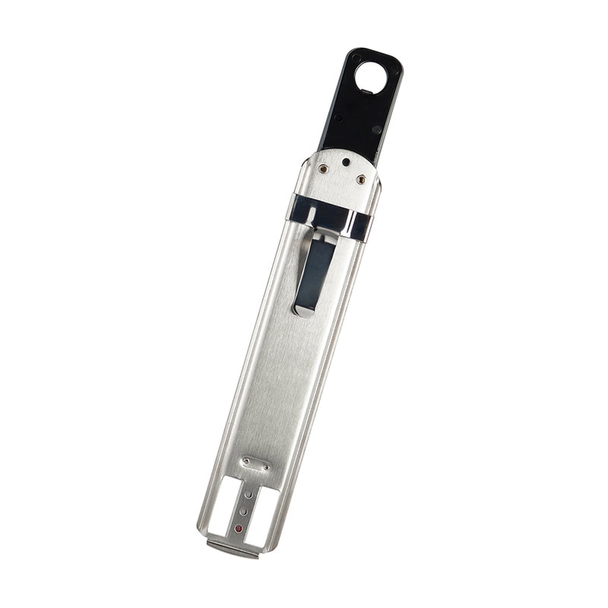CDN TCG400 thermometer reverse view showing brushed stainless steel back housing, adjustable pot clip, and safety shield protecting the glass bulb at base