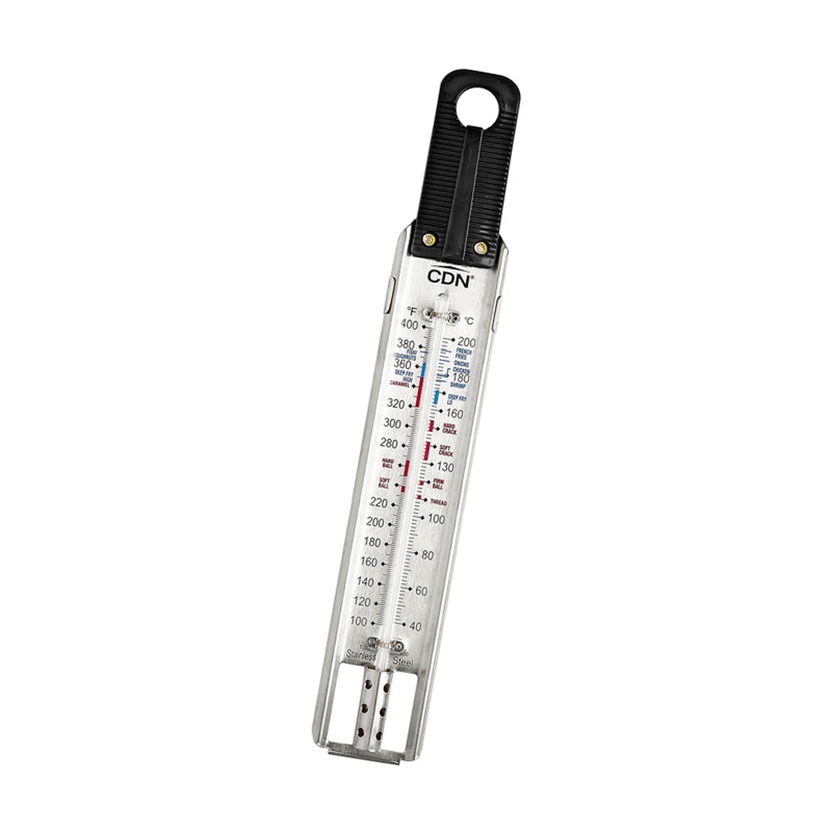 CDN TCG400 ruler thermometer upright front view showing full color-coded candy and deep fry stage markings, stainless steel clip at base, and CDN branding