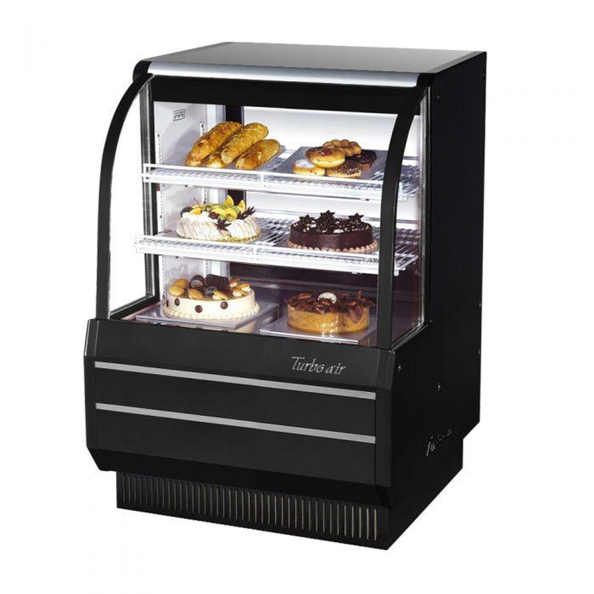 Turbo Air TCGB-36-W(B)-N curved glass refrigerated bakery display case in black finish with wire shelves loaded with pastries and cakes
