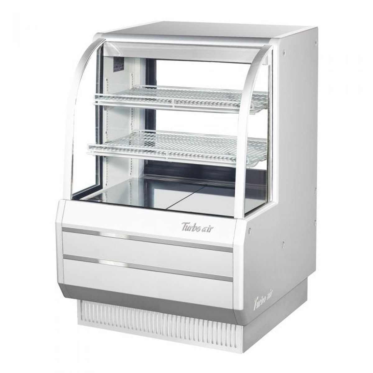 Turbo Air TCGB-36DR-W(B) white curved glass dry bakery display case, three-quarter view