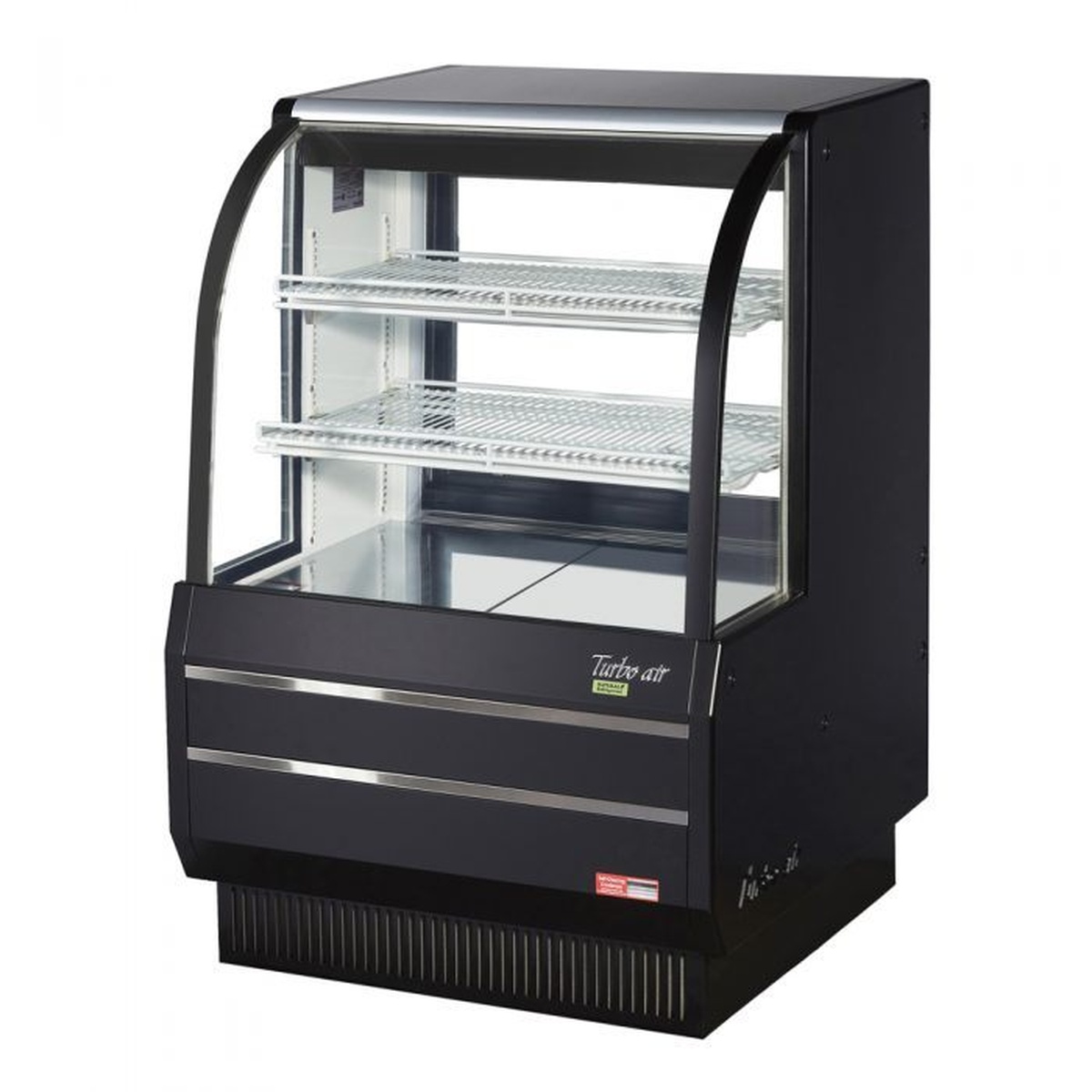 Turbo Air TCGB-36DR-W(B) black curved glass dry bakery display case, three-quarter view