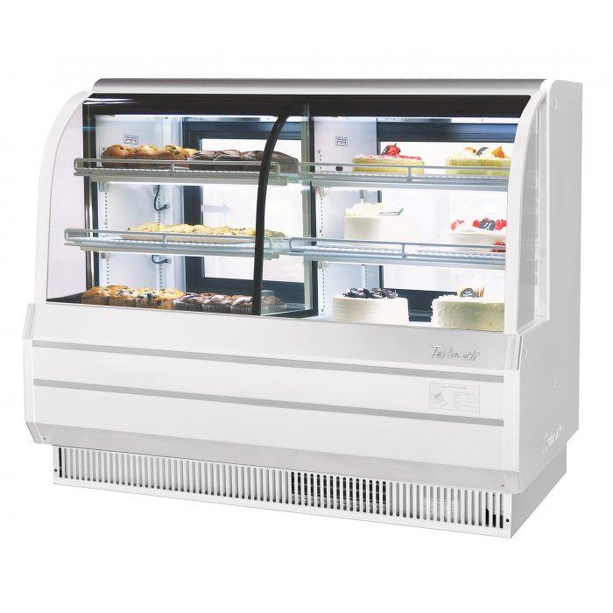 Turbo Air TCGB-60CO-W(B)-N white curved glass combo bakery display case loaded with muffins and cakes