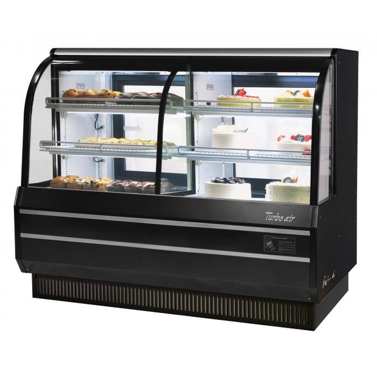 Turbo Air TCGB-60CO-W(B)-N black curved glass combo bakery display case loaded with pastries and cakes