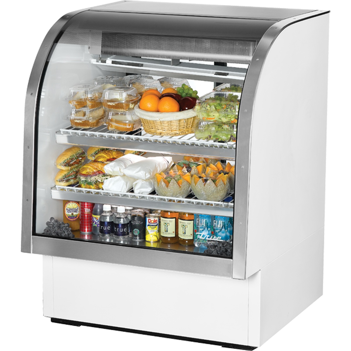 True TCGG-36-HC-LD 36-inch curved glass refrigerated deli display case with white exterior, stainless steel trim, and three display levels loaded with deli products