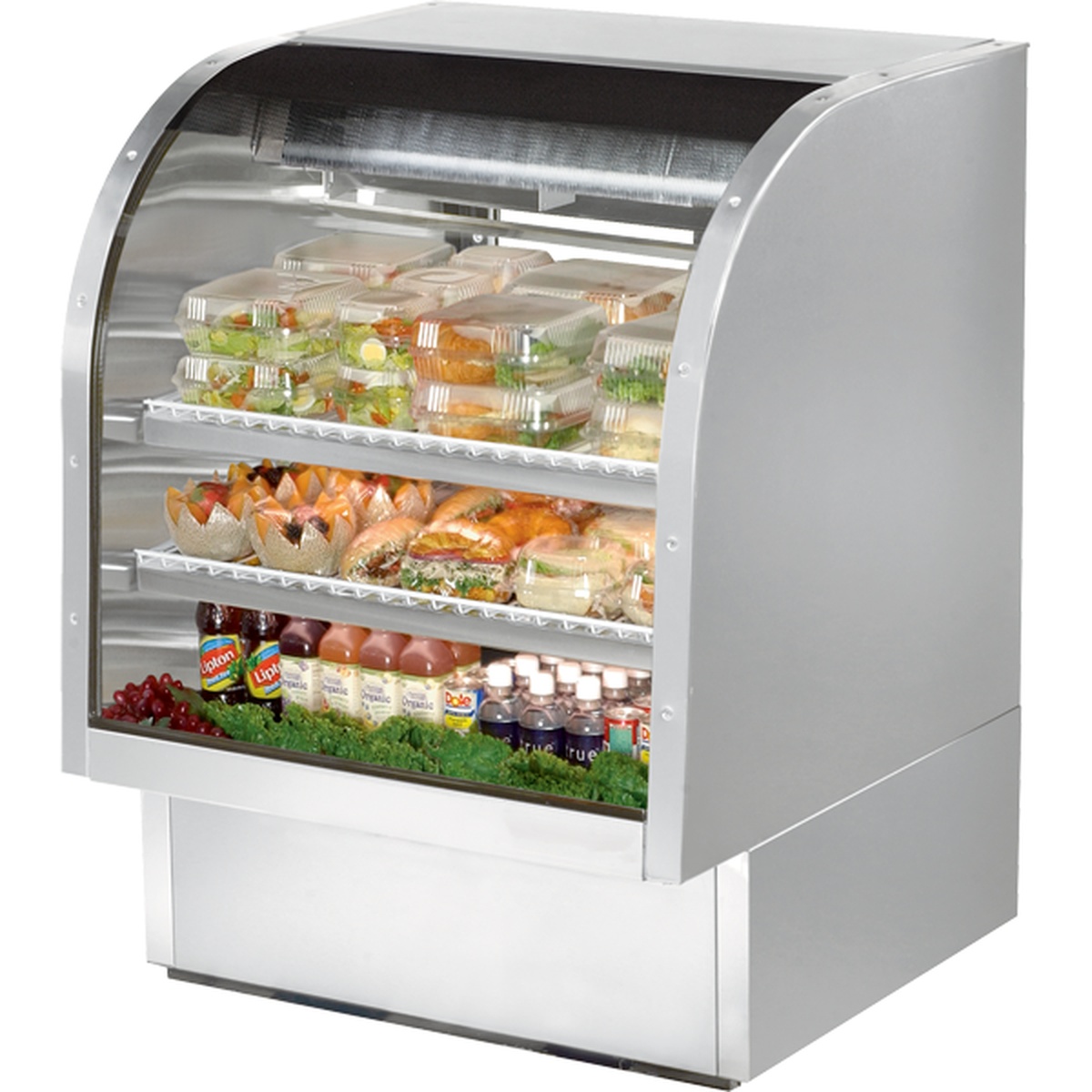True TCGG-36-S-HC-LD curved glass refrigerated deli display case stocked with food items on white shelves