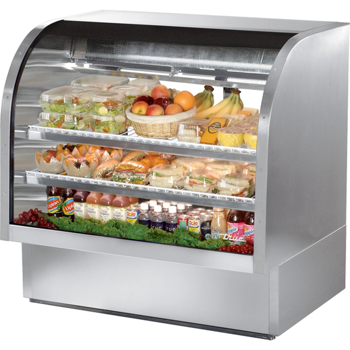 True TCGG-48-S-HC-LD stainless steel curved glass deli case with three display levels loaded with packaged deli items, produce, and beverages
