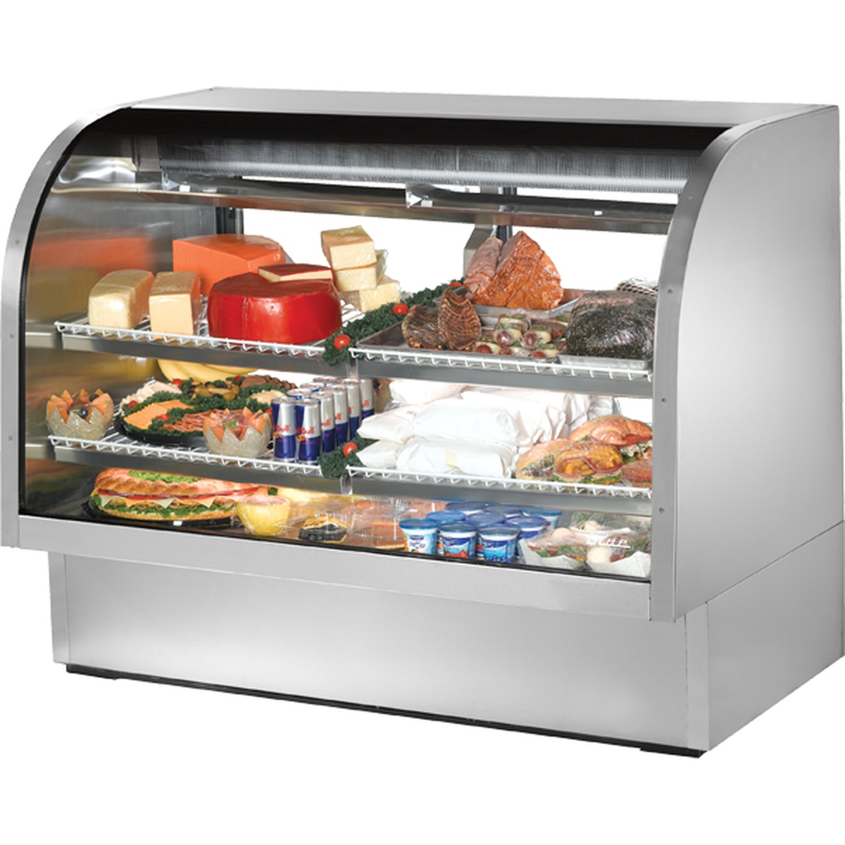 True TCGG-60-S-HC-LD 60-inch stainless steel curved glass refrigerated deli display case with four adjustable shelves