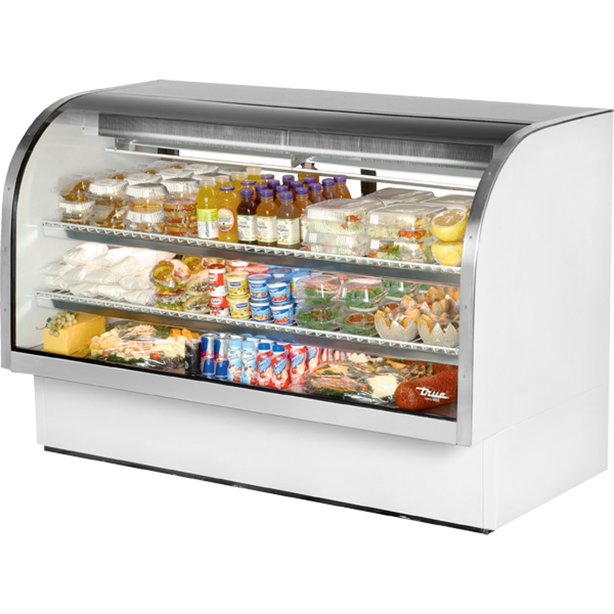 True TCGG-72-HC-LD 72-inch curved glass refrigerated deli display case with white exterior, stainless steel top, and three shelves stocked with deli meats, beverages, and prepared foods