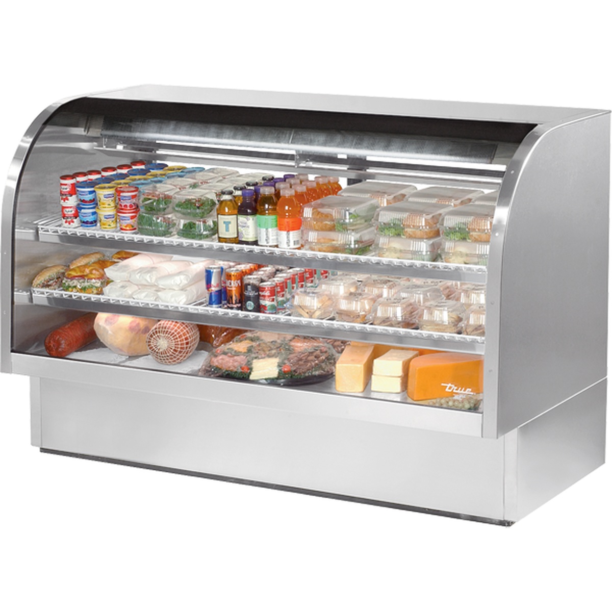 True TCGG-72-S-HC-LD 72-inch stainless steel curved glass refrigerated deli display case with two adjustable lighted shelves