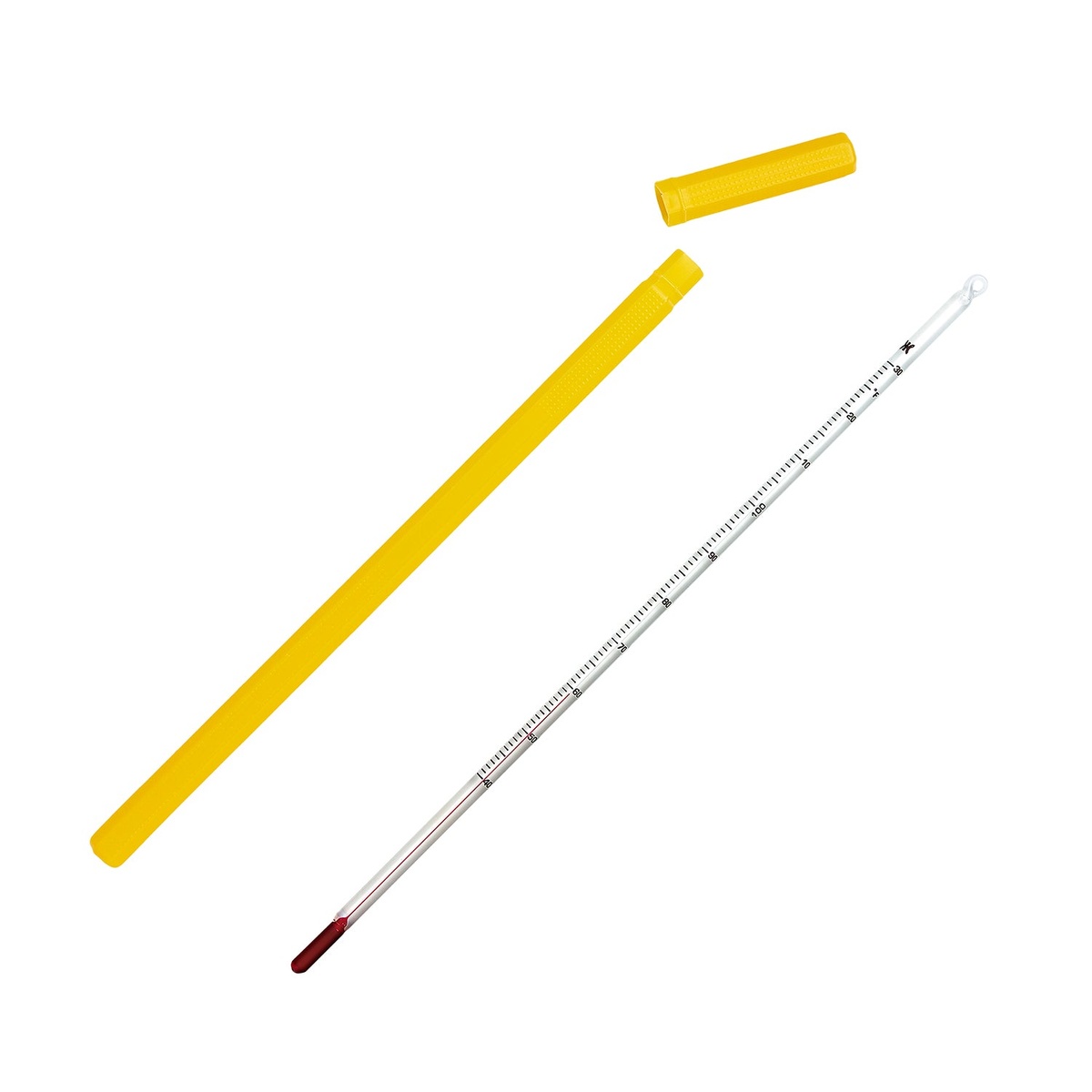 CDN TCH130 glass chocolate tempering thermometer shown at an angle beside its open yellow protective case
