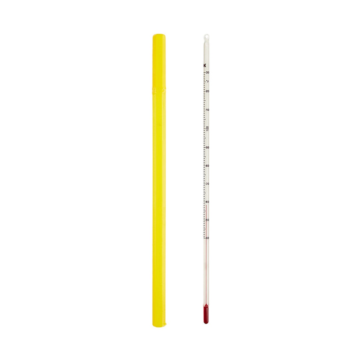 CDN TCH130 glass thermometer and yellow protective case shown side by side in a vertical orientation