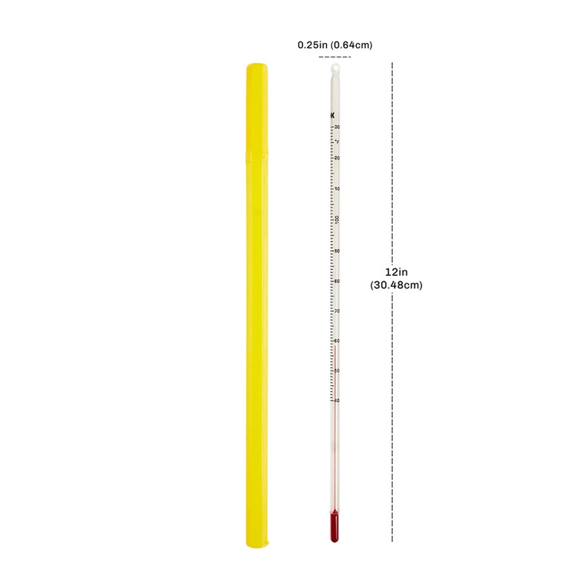 CDN TCH130 thermometer dimension diagram showing 12 inch total length and 0.25 inch diameter