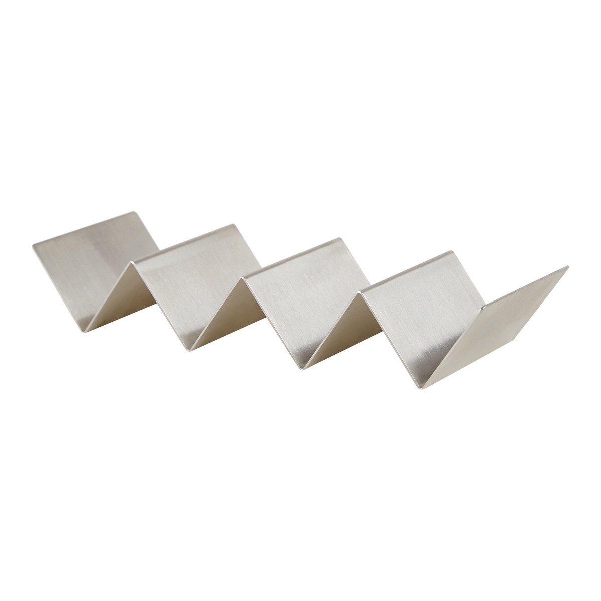Winco TCHS-34 stainless steel taco holder with brushed finish, showing 4 wave-shaped slots on a white background