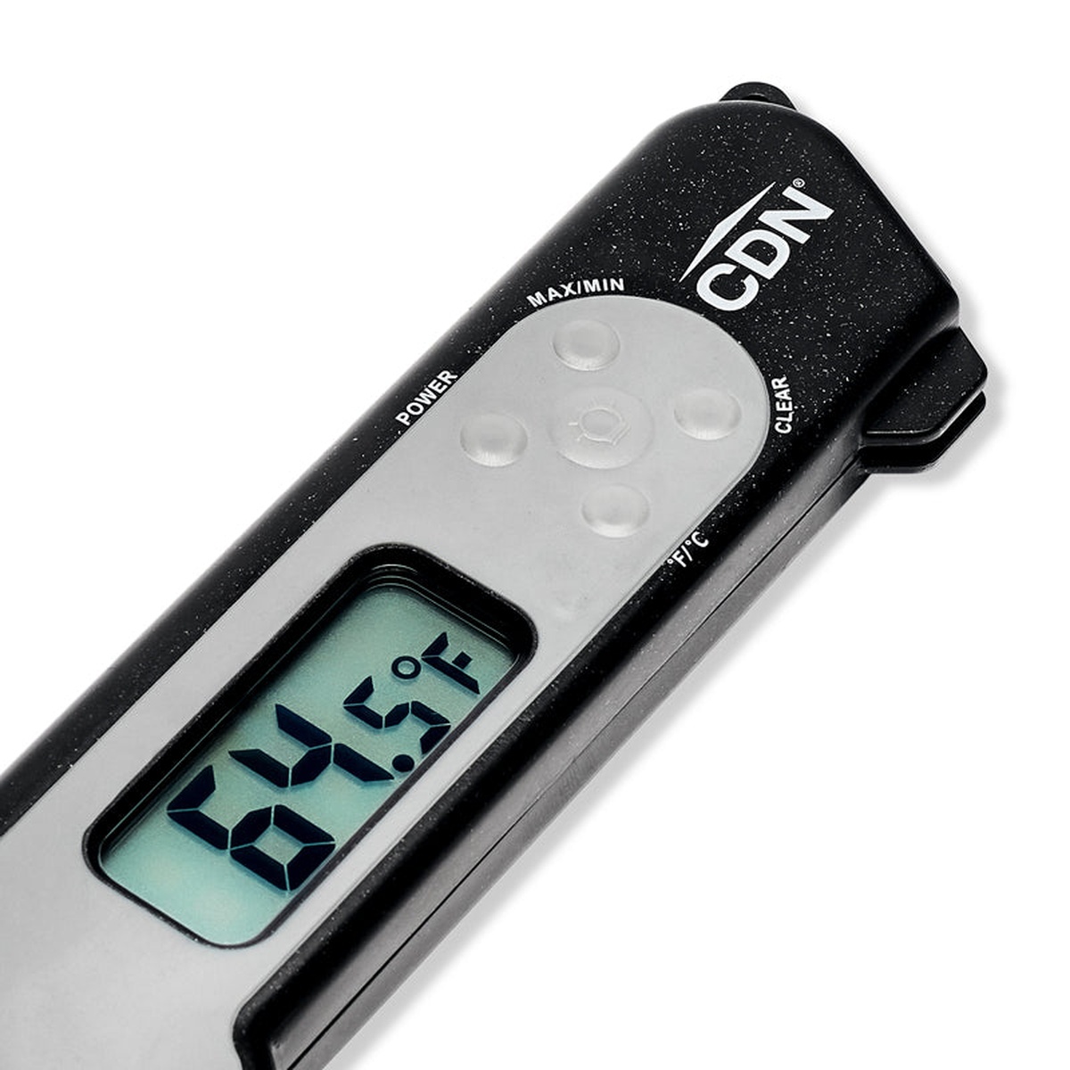 Close-up of CDN TCT572-BK thermometer control buttons and backlit digital display