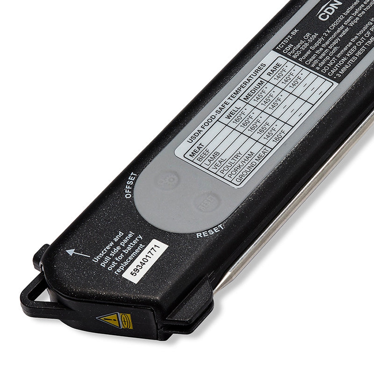 Back panel of CDN TCT572-BK thermometer with built-in USDA food-safe temperature reference guide