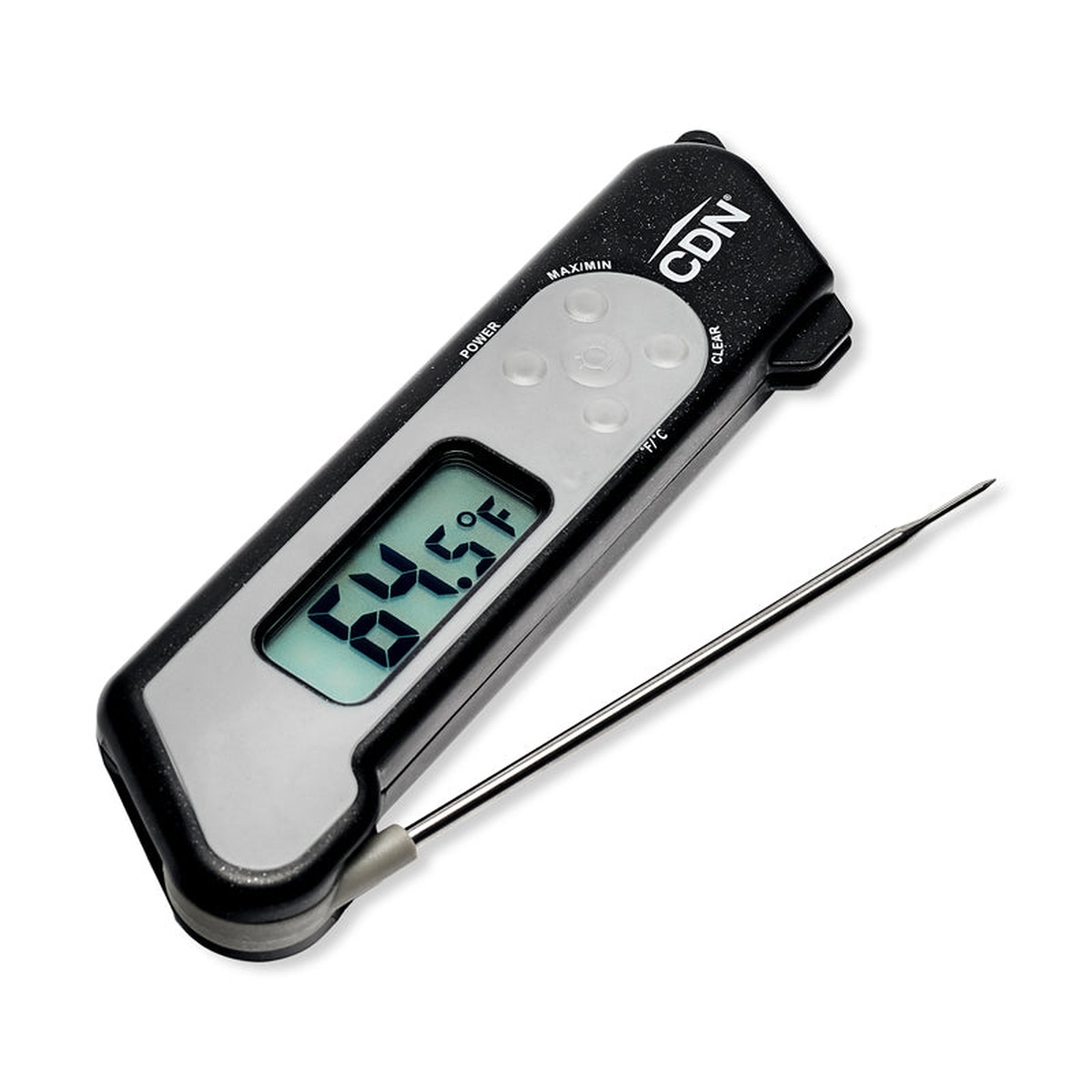 CDN TCT572-BK folding thermocouple thermometer with probe extended showing 64.5°F on backlit display
