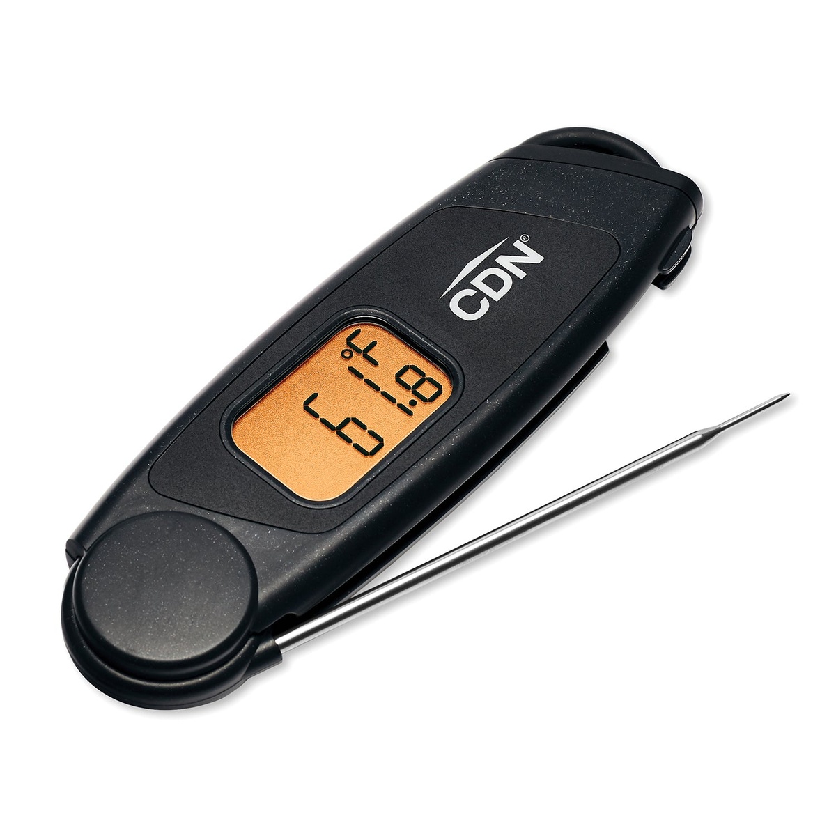 CDN TCTW572 black folding thermocouple thermometer with probe extended and amber backlit display visible