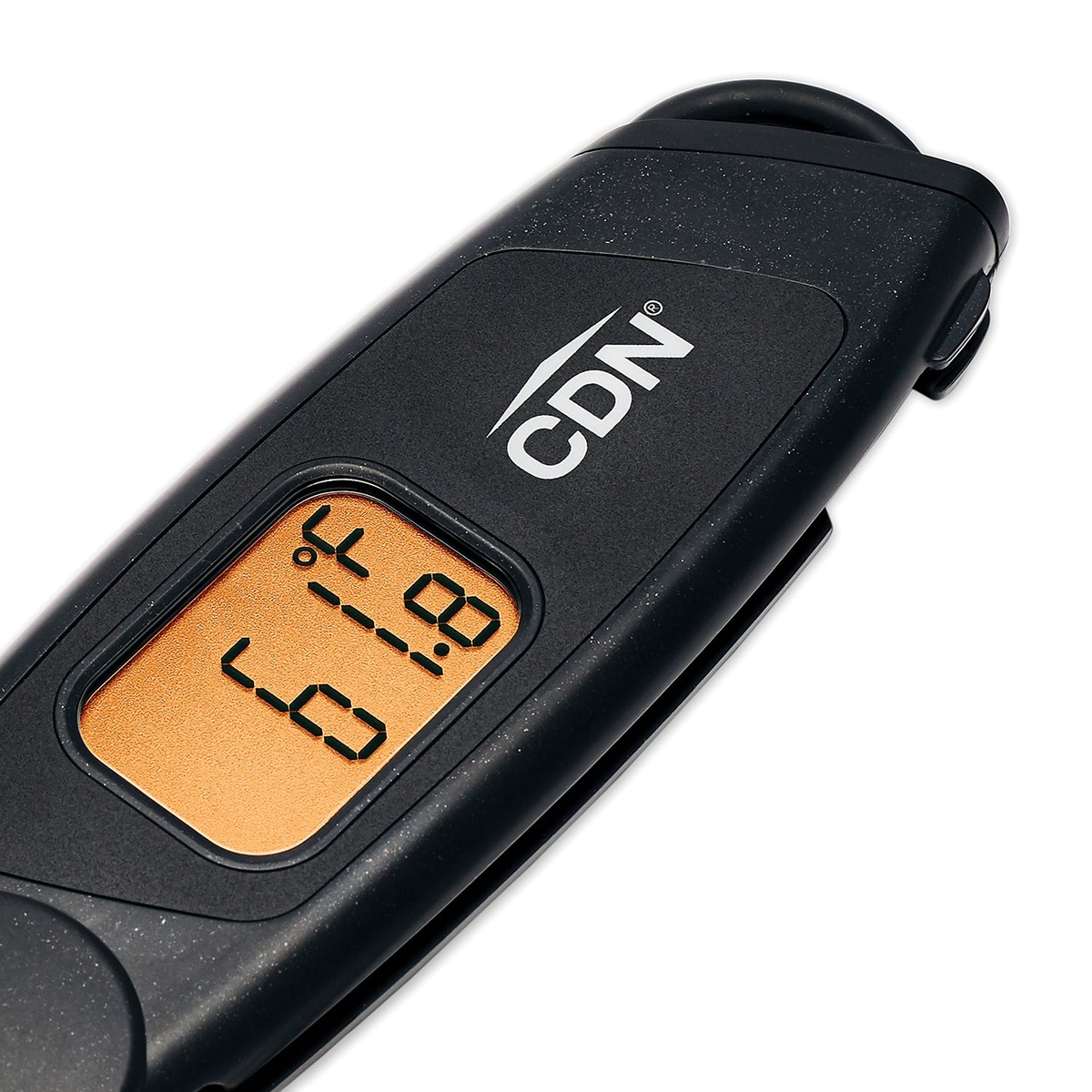 Close-up of CDN TCTW572 amber backlit digital display showing temperature reading