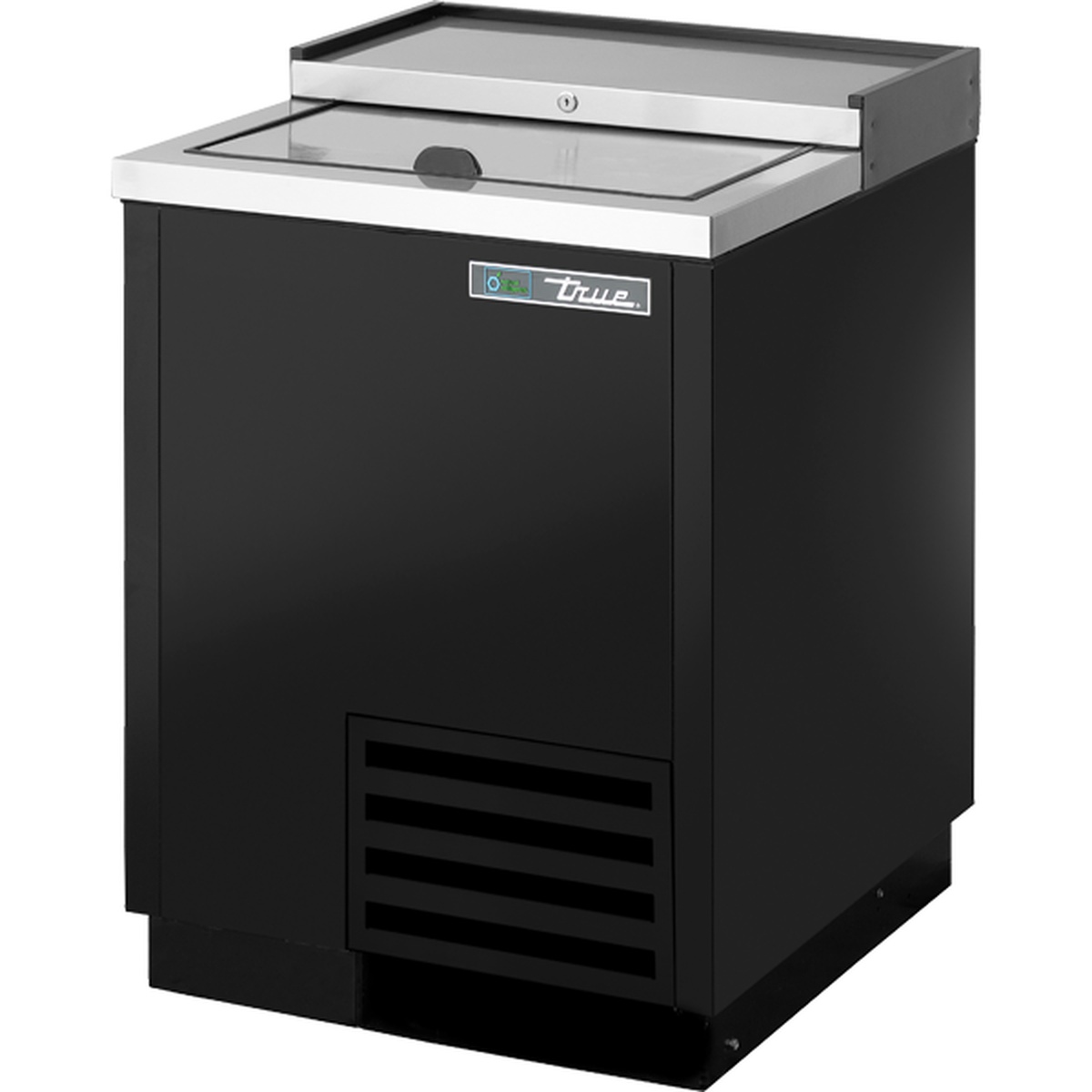 True Manufacturing TD-24-7-HC black bottle cooler with stainless steel slide lid and bottom-mounted compressor