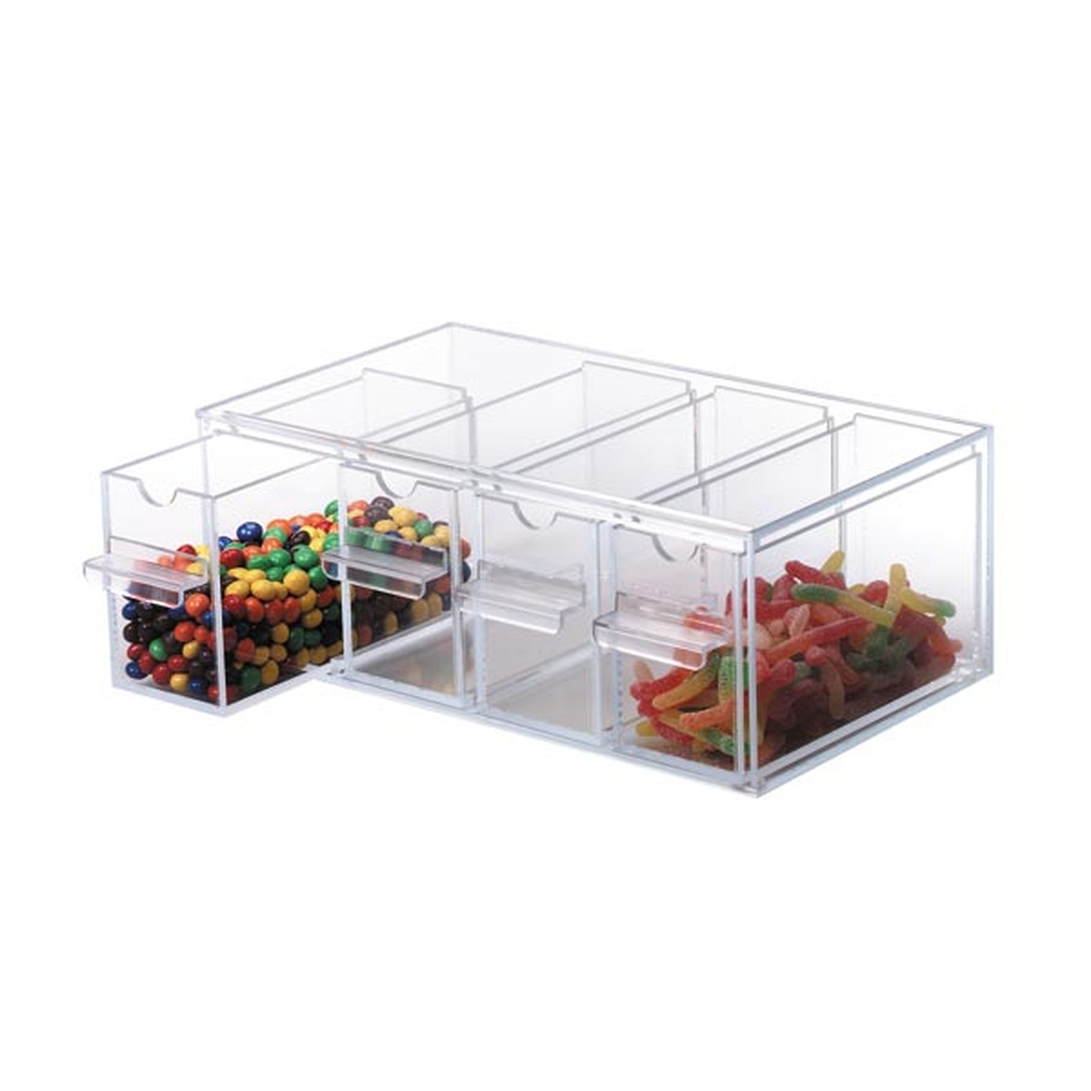Dispense-Rite TD-4 clear acrylic four-section countertop topping dispenser with pull-out drawers filled with assorted candies