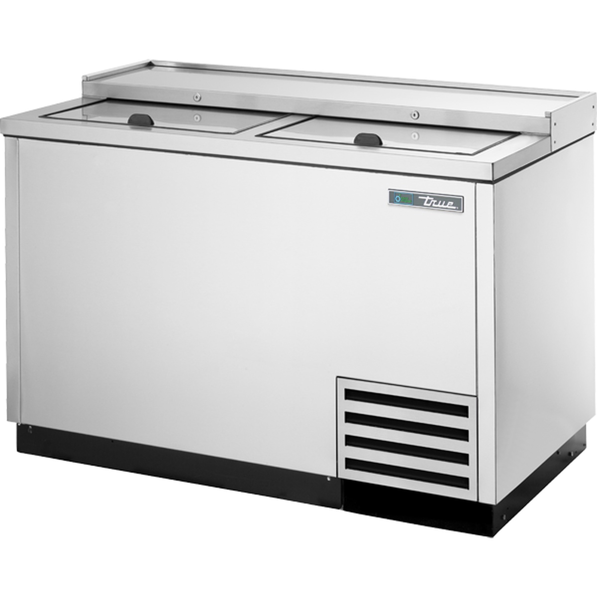 True TD-50-18-S-HC stainless steel deep well horizontal bottle cooler with dual sliding lids and front ventilation grille