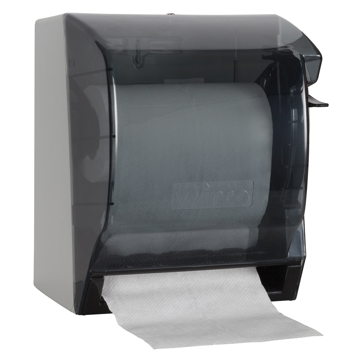 Winco TD-500 black smoked plastic paper towel dispenser with paper towel extending from the bottom, front view