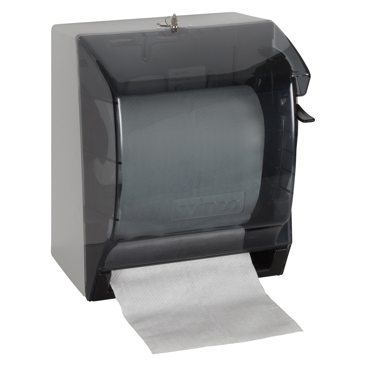 Winco TD-500 black smoked plastic paper towel dispenser with lever handle and paper towel extended, angled view