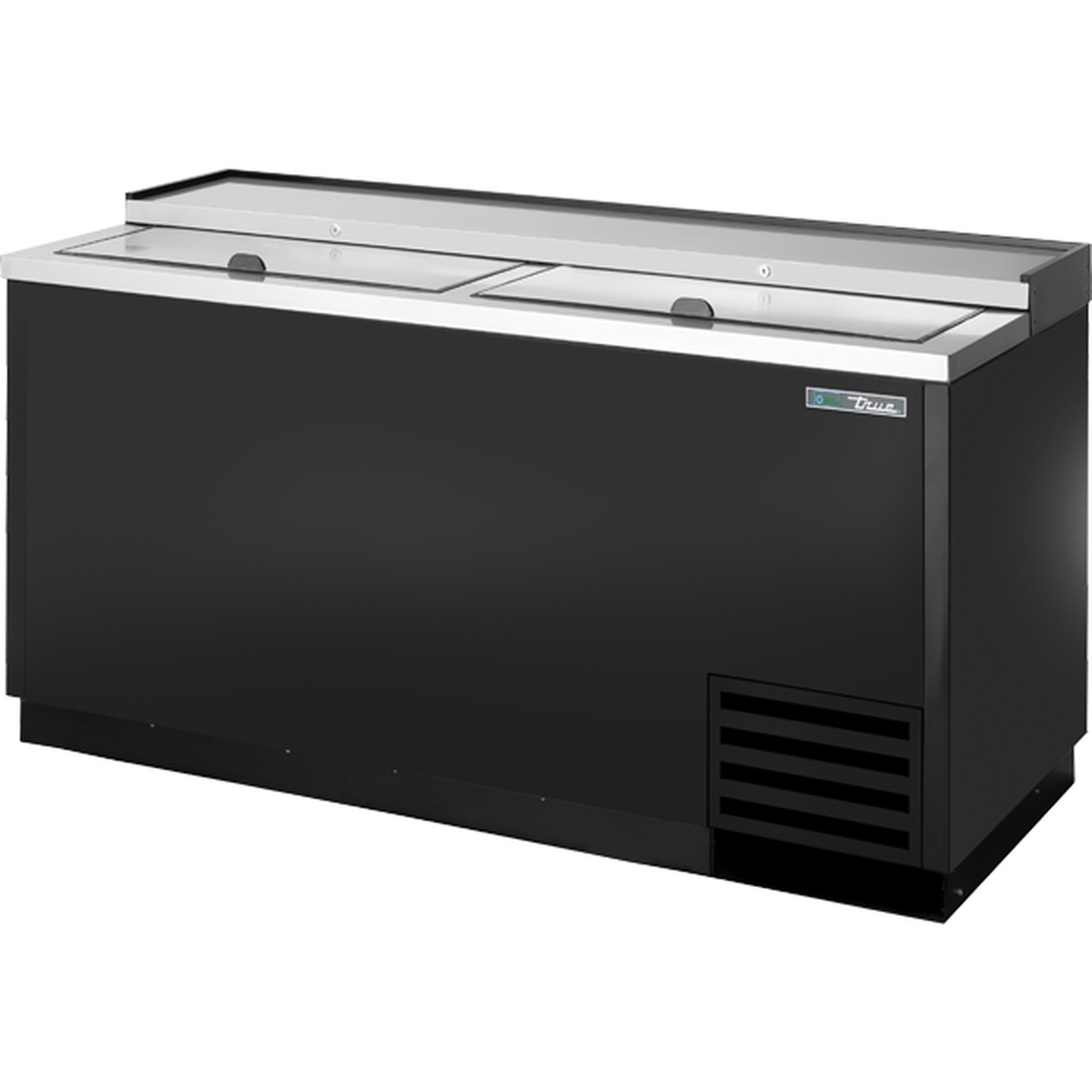 True Mfg TD-65-24-HC solid slide lid deep well horizontal bottle cooler with black powder-coated exterior and stainless steel countertop with two lids