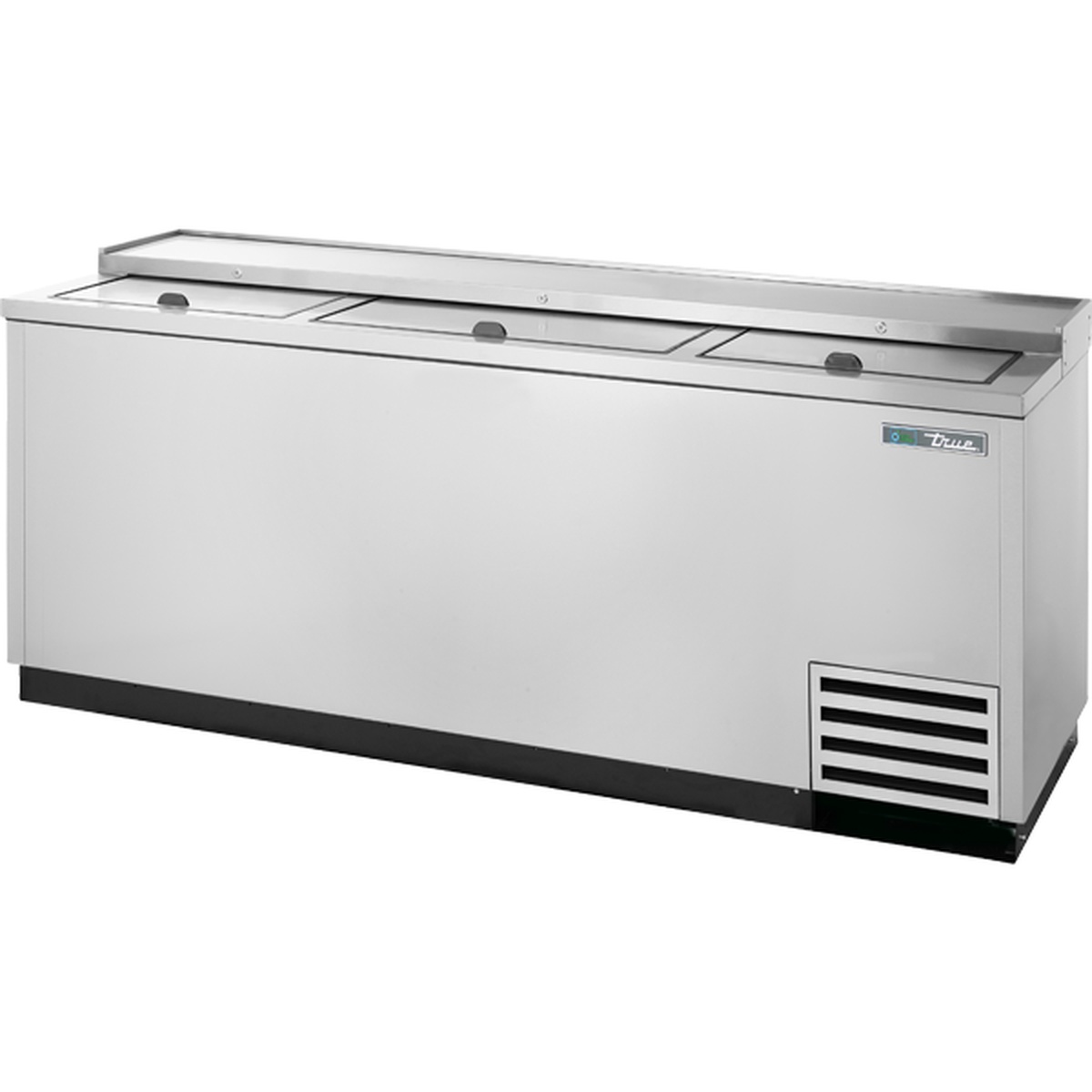 True TD-80-30-HC stainless steel deep well bottle cooler with three sliding lid sections and ventilated base panel