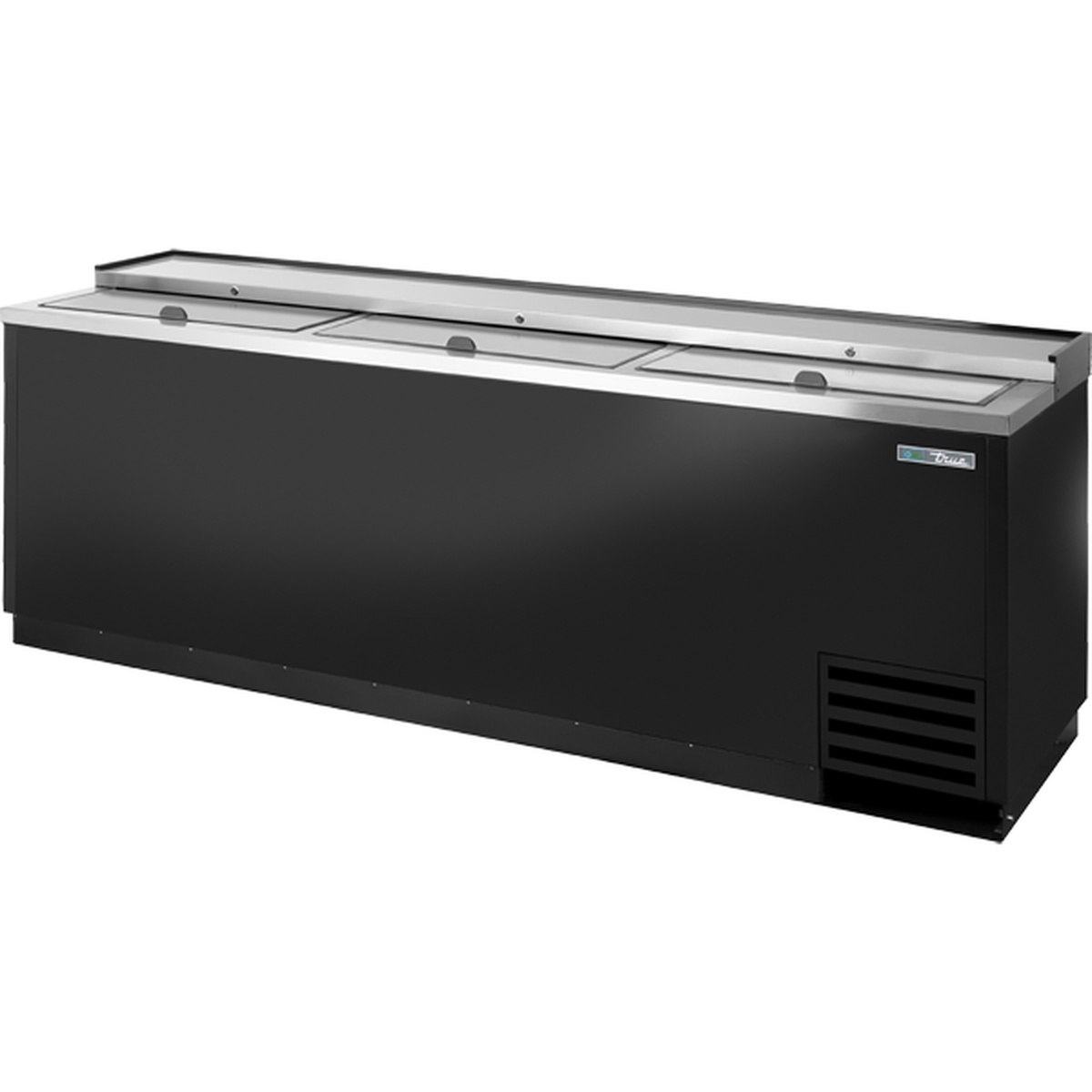 True TD-95-38-HC 95-inch flat top bottle cooler with black powder-coated exterior, stainless steel countertop, and three slide lids