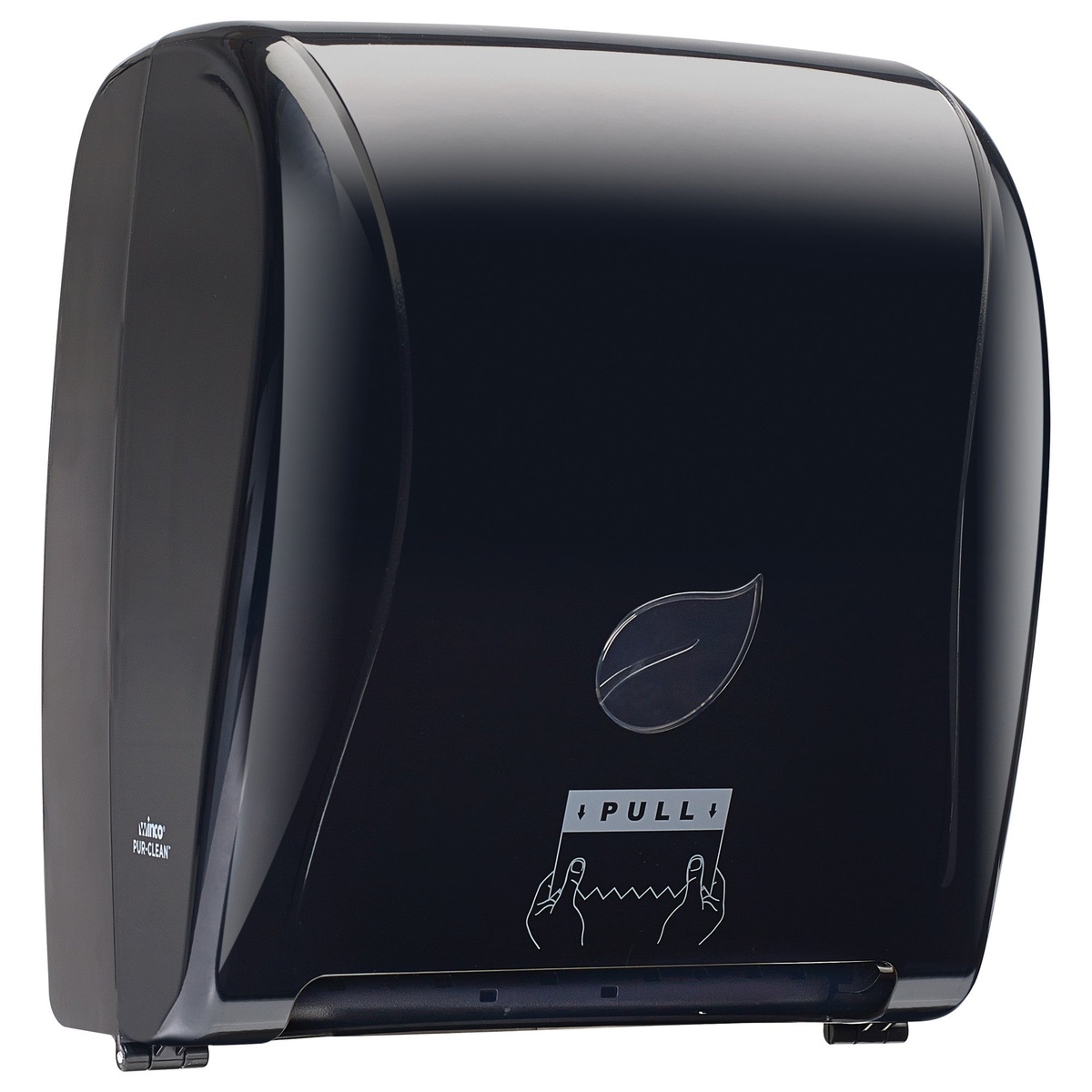Winco TDAC-8K Pur-Clean black auto-cut roll towel dispenser angled side view showing slim profile and wall-mount design