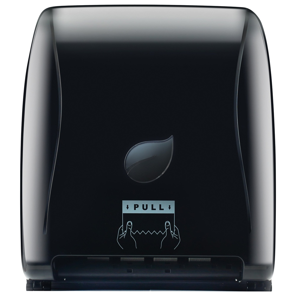 Winco TDAC-8K Pur-Clean black auto-cut roll towel dispenser front view showing pull indicator and leaf logo