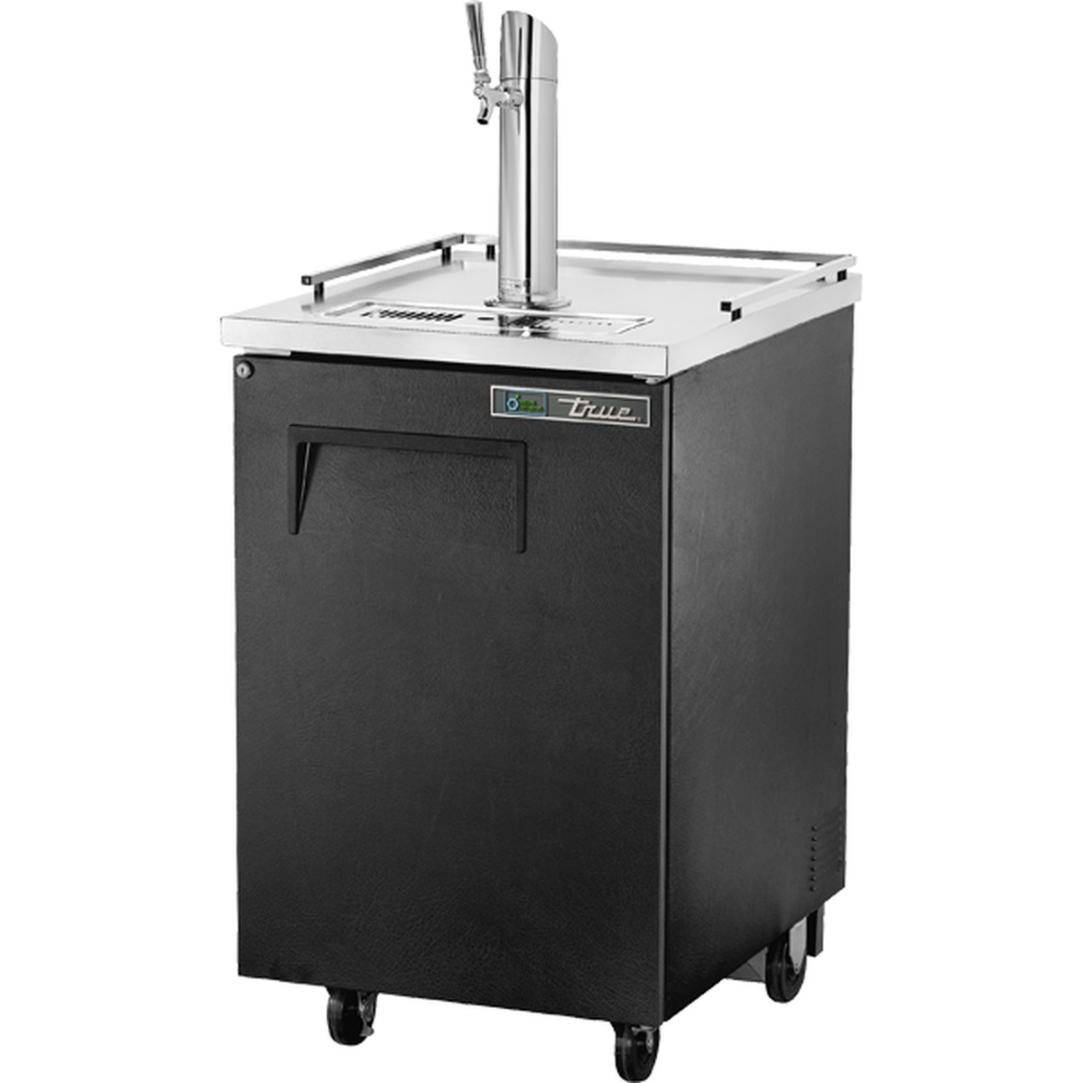 True TDD-1-HC single-door black direct draw beer dispenser with stainless steel countertop, beer column, and casters