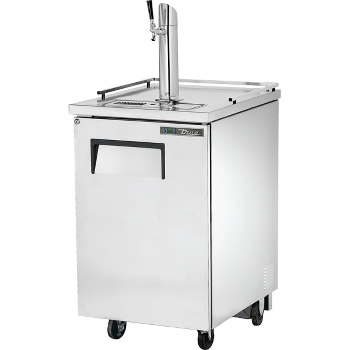 True TDD-1-S-HC stainless steel direct draw beer dispenser with single tap column and casters on white background