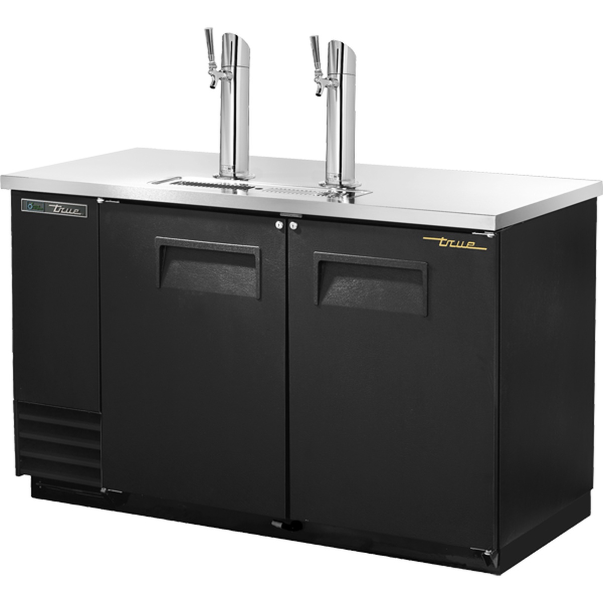 True TDD-2-HC two-door direct draw beer dispenser with black cabinet and two stainless steel tap columns