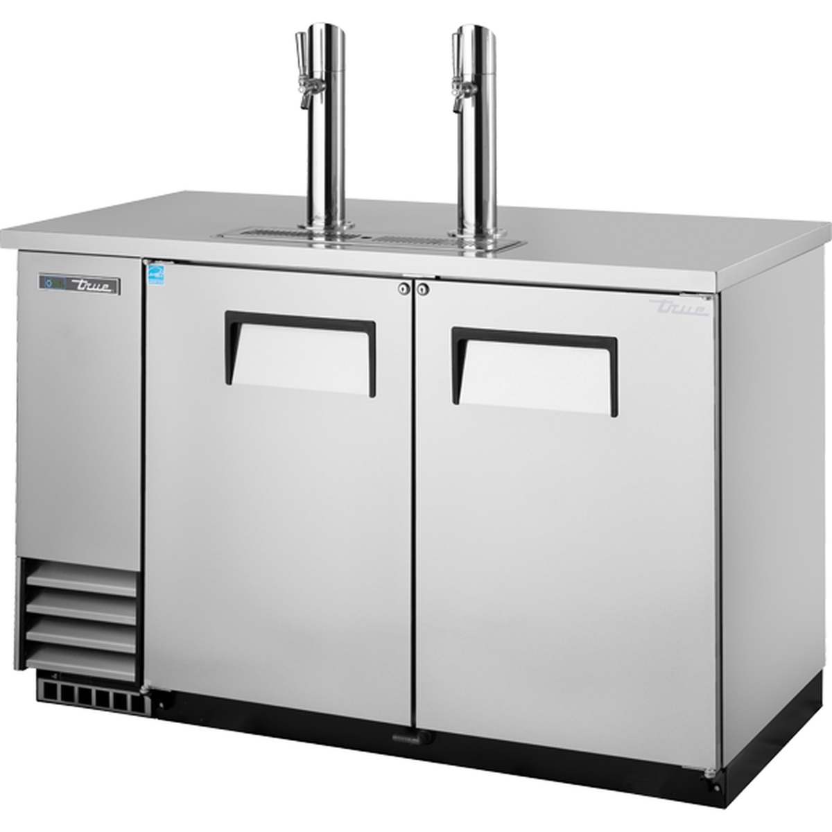 True TDD-2-S-HC stainless steel two-door direct draw kegerator beer dispenser with two tap columns on white background