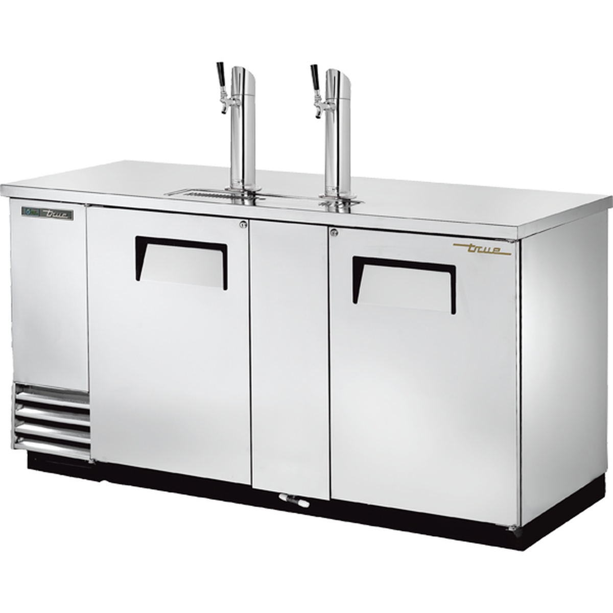 True TDD-3-S-HC stainless steel direct draw beer dispenser with two tap towers and three solid swing doors