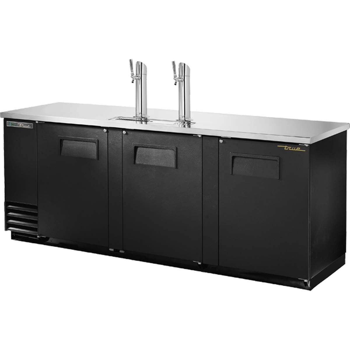 True TDD-4-HC 90-inch black draft beer dispenser with three solid swing doors, stainless steel countertop, and two polished beer column taps