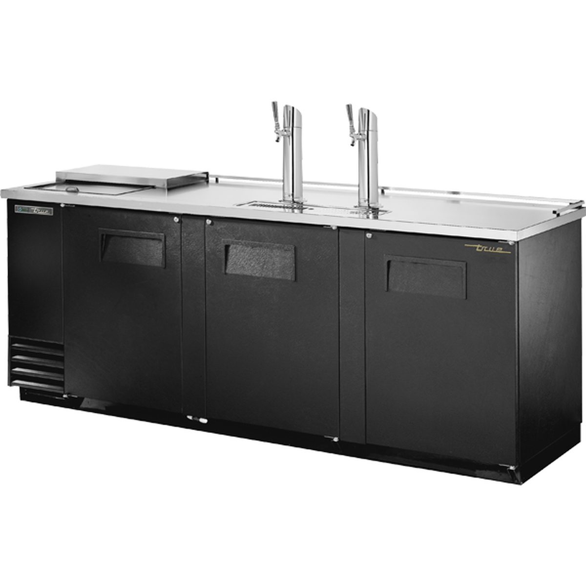 True TDD-4CT-HC Club Top Direct Draw Beer Dispenser with black exterior, stainless steel countertop, and two chrome beer towers with faucets
