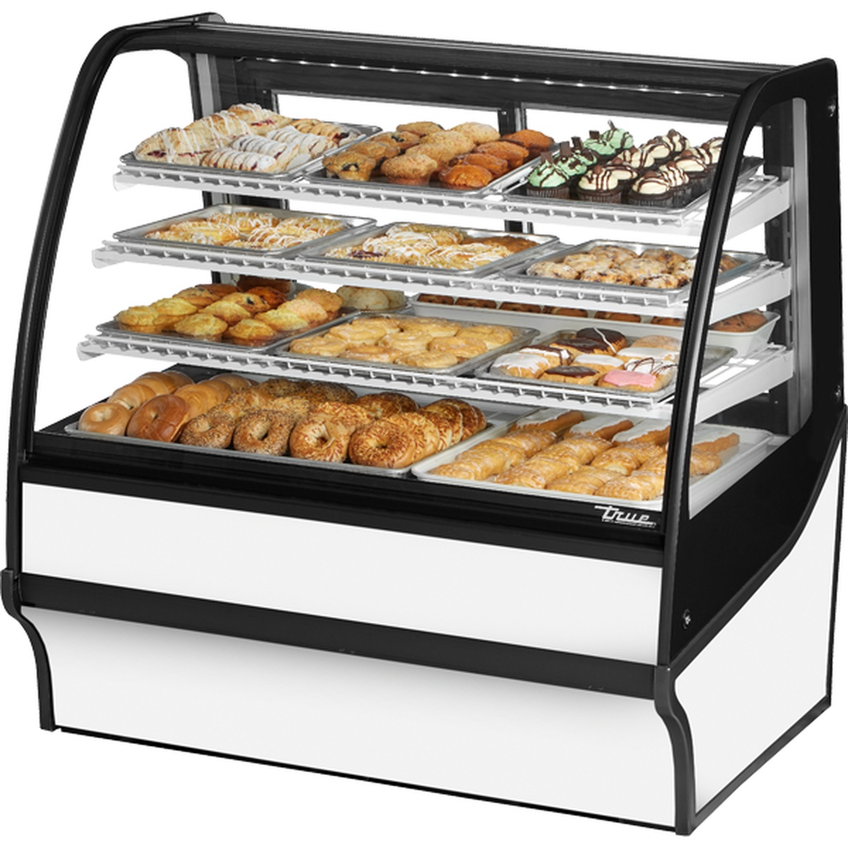 True TDM-DC-48-GE/GE-W-W 48-inch dry bakery display case with curved glass front, white exterior, black frame, and four tiers of baked goods
