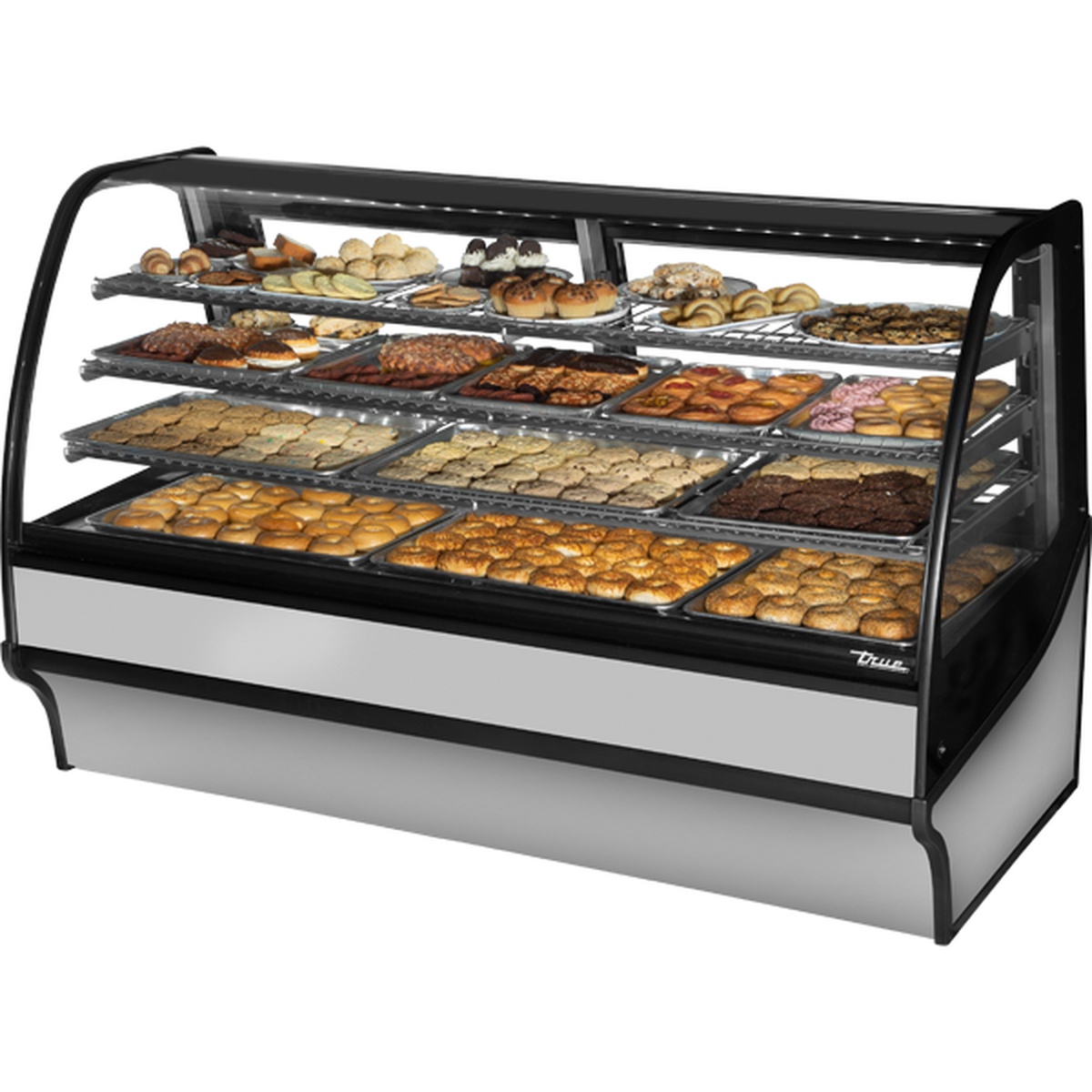 True TDM-DC-77-GE/GE-S-S 77-inch curved glass dry bakery display merchandiser with stainless steel exterior and three wire shelves loaded with assorted baked goods
