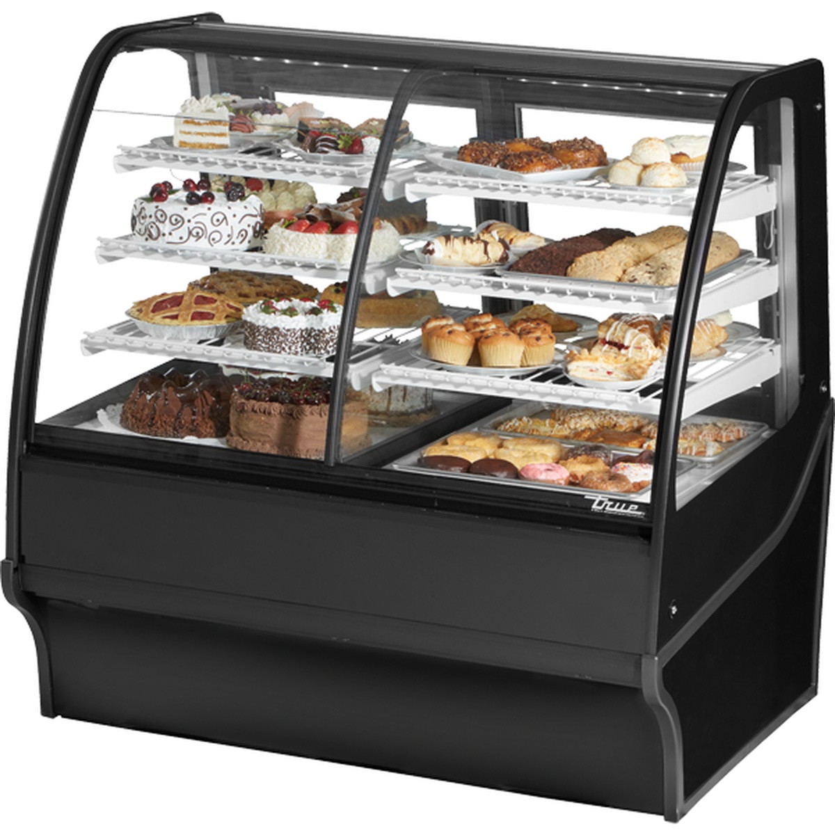 True Manufacturing TDM-DZ-48-GE/GE-B-W 48-inch dual-zone curved glass display merchandiser with black exterior and six wire shelves loaded with bakery items