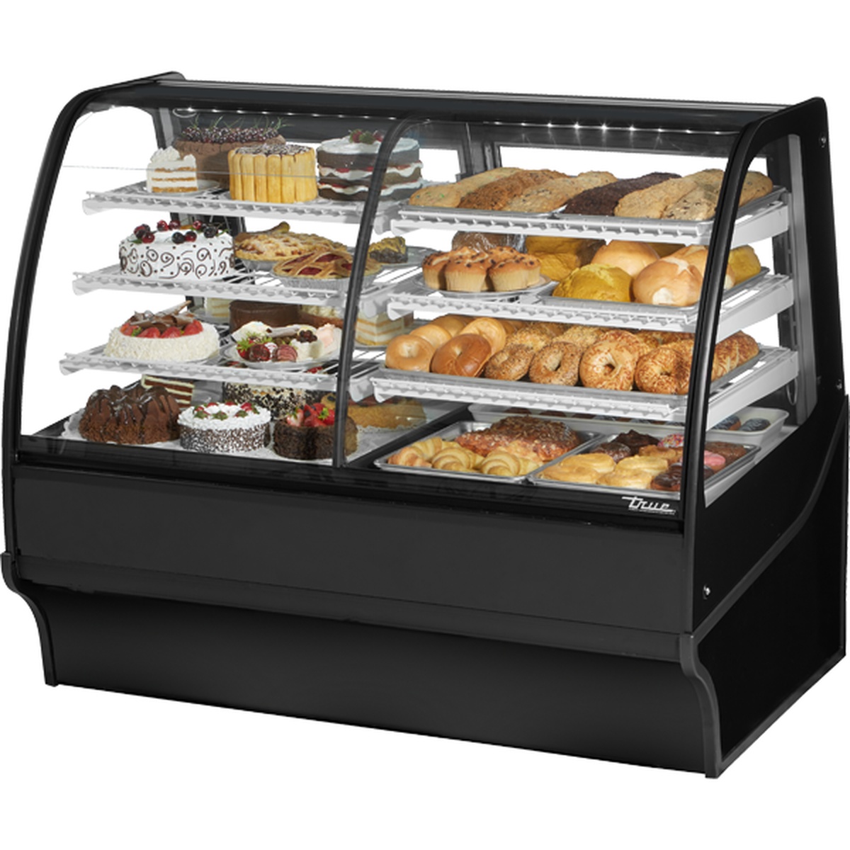 True TDM-DZ-59-GE/GE-B-W 59-inch curved glass dual-zone bakery display merchandiser with black exterior and white interior, showing tiered shelving