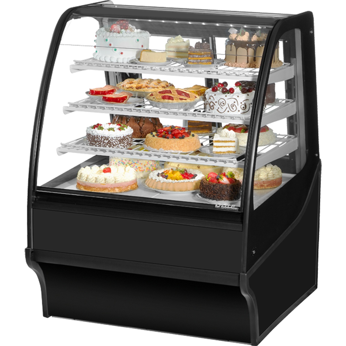 True TDM-R-36-GE/GE-B-W curved glass refrigerated display merchandiser with black exterior, filled with assorted bakery items across three wire shelves