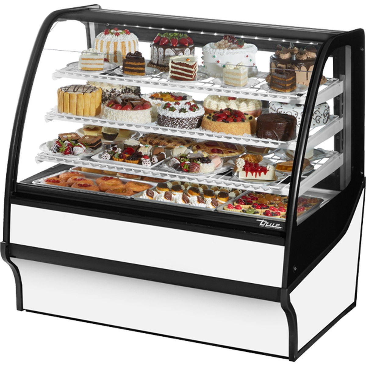 True TDM-R-48-GE/GE-W-W 48-inch white curved glass refrigerated bakery display case with three wire shelves