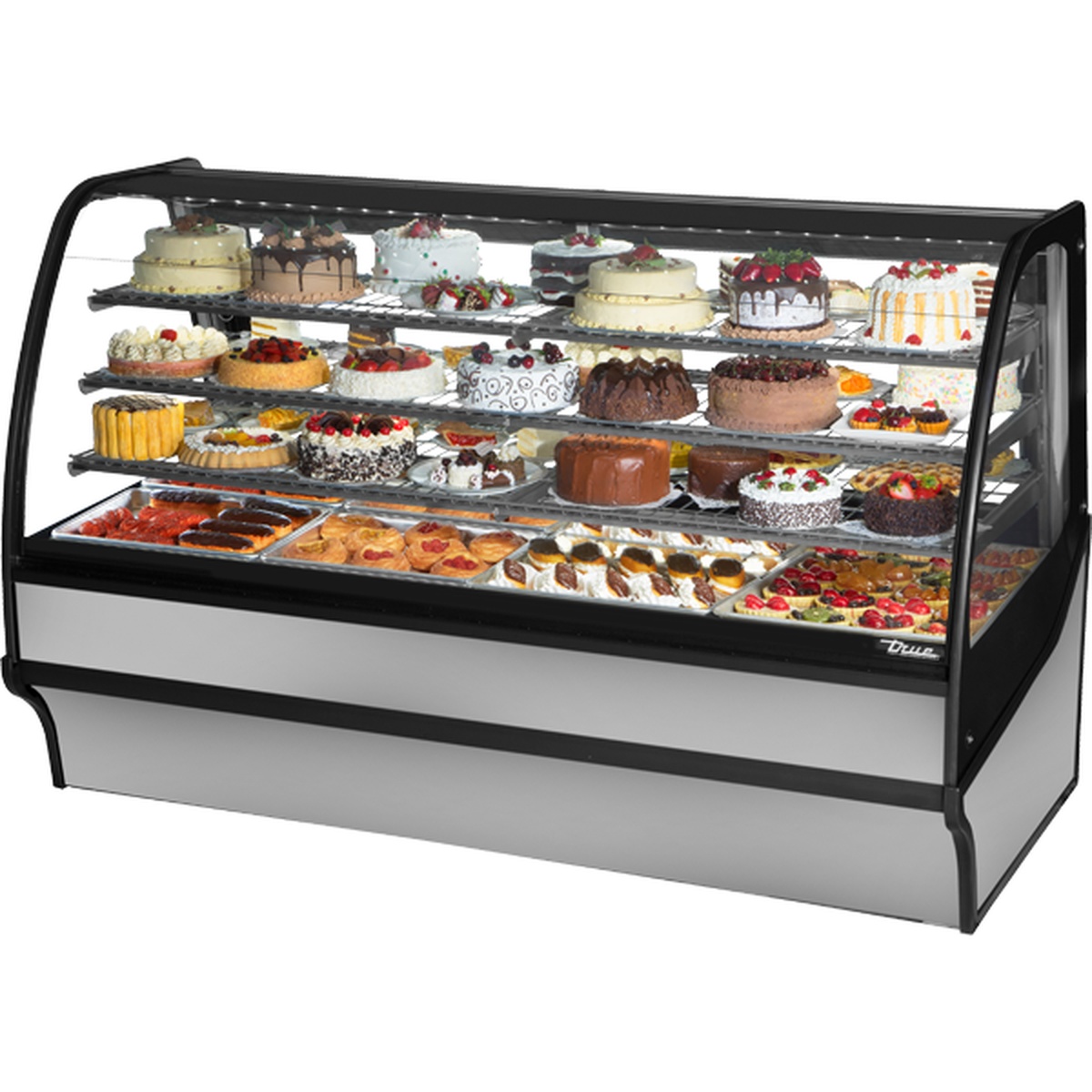 True TDM-R-77-GE/GE-S-S stainless steel curved glass refrigerated display merchandiser case with three shelves