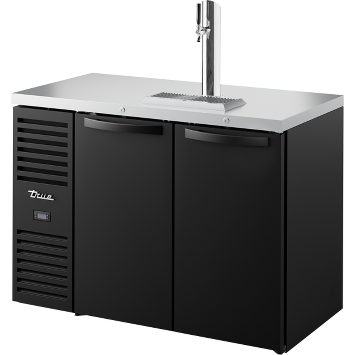 True TDR48-RISZ1-L-B-SS-1 48-inch two-section black refrigerated draft bar cooler with stainless steel countertop and single chrome beer tap column